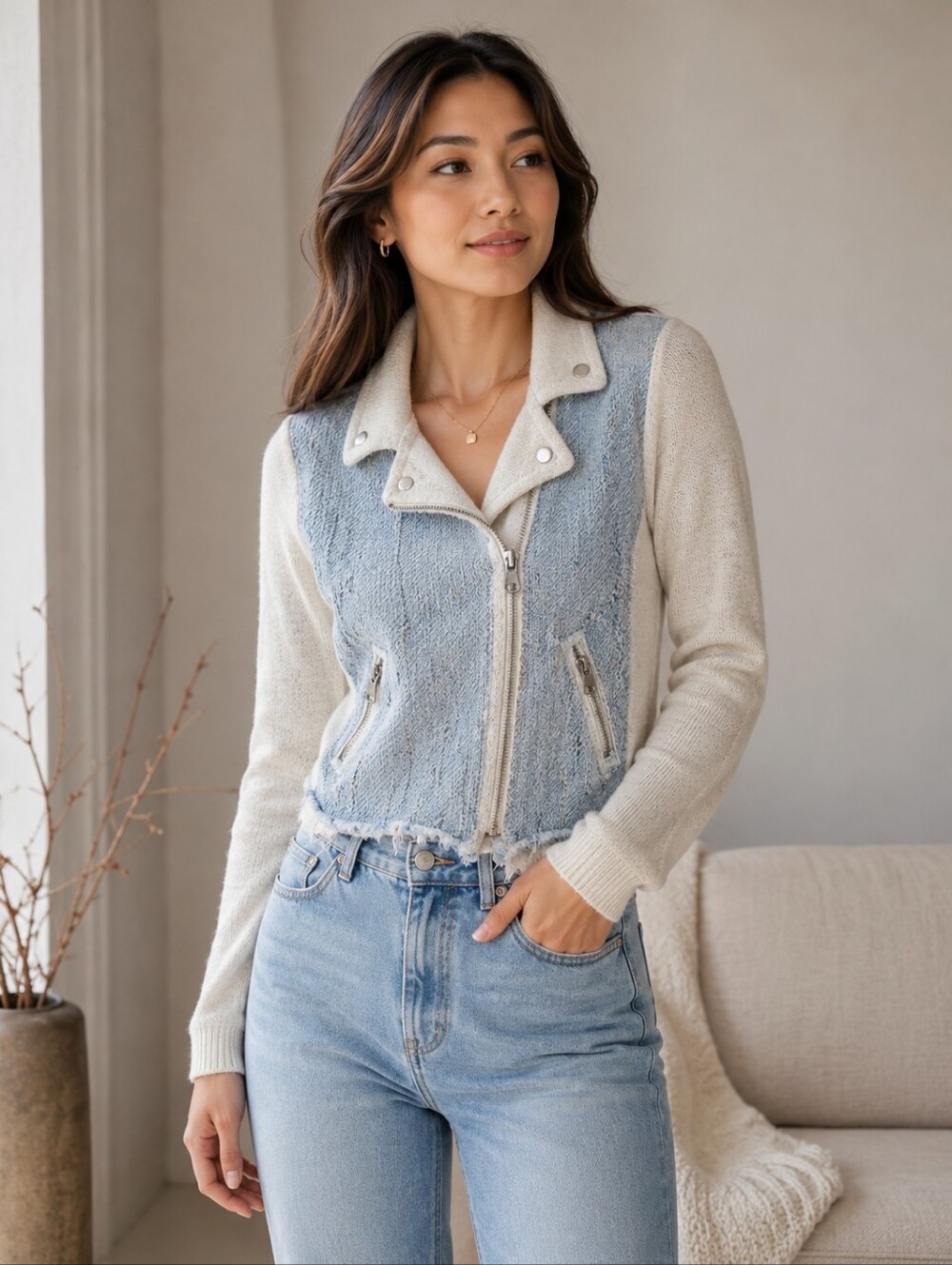 Rebecca Taylor Light Blue Denim Front with Cream Knit Moto Jacket